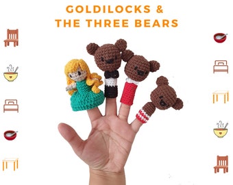 GOLDILOCKS and the three bears Finger puppets Amigurumi crochet Pattern. instant download
