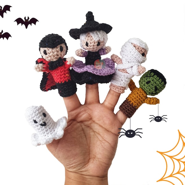 HALLOWEEN Finger puppets Amigurumi Pattern. crochet Witch, Frankenstein, Dracula, Mummy, Ghost, Pumpkin instant download (English/Français)