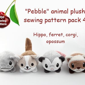 Hippo, ferret, corgi, opossum stuffed animal handheld size plushie PDF sewing pattern - cute and easy DIY kawaii plush with embroidery files