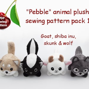 Goat, shiba inu, skunk, wolf stuffed animal handheld size plushie PDF sewing pattern - cute and easy DIY kawaii plush with embroidery files