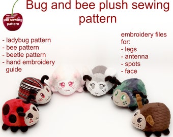 Bee, ladybug, beetle stuffed animal handheld size plushie PDF sewing patterns - cute and easy kawaii  DIY soft plush toy