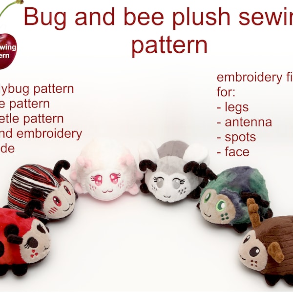 Bee, ladybug, beetle stuffed animal handheld size plushie PDF sewing patterns - cute and easy kawaii  DIY soft plush toy