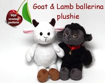 Goat & lamb ballerina stuffed animal cuddle size plushie PDF sewing pattern - cute and easy DIY plush toy with embroidery files