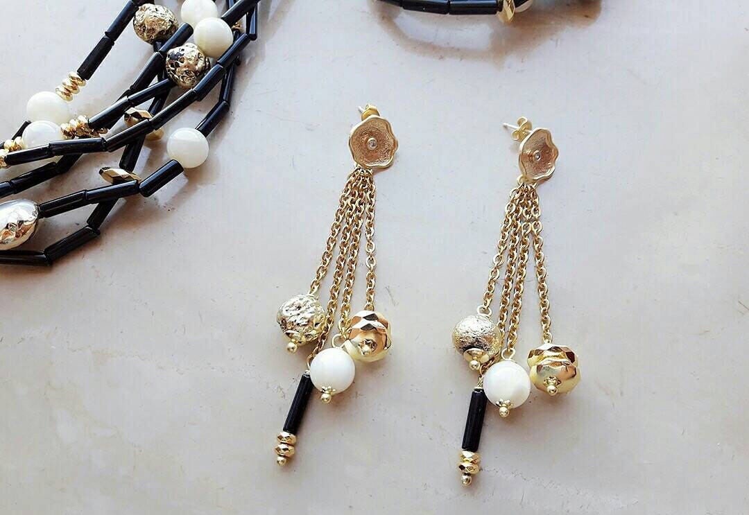 Gold Earrings Long Statement Earrings Black Onyx Earrings | Etsy
