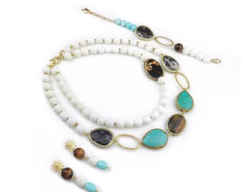 Ketting en armband, boho turquoise sieraden, verjaardagscadeau voor vrouw, verklaring sieraden set, edelsteen cadeau voor vriendin, verjaardag cadeau