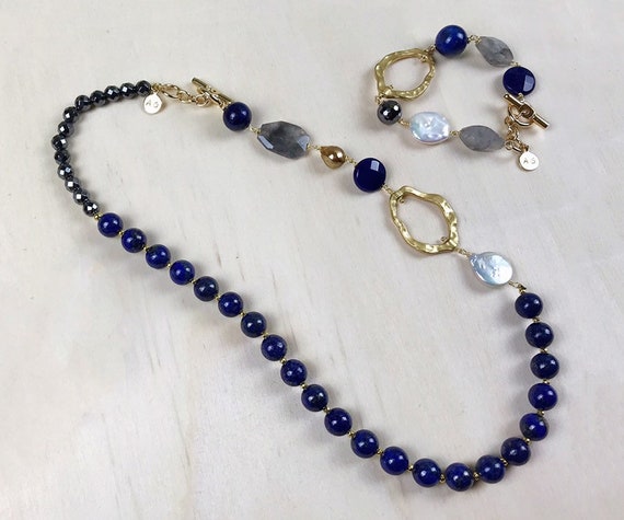 Gemstone jewelry set blue necklace for women lapis lazuli | Etsy