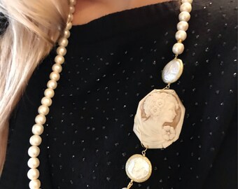 Pearl and cameo necklace for women, Christmas gift gift grandmother, statement jewelry, birthday gift for mom, anniversary gift for wife