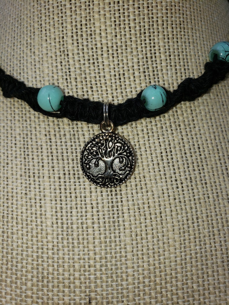 Natural Hemp Cord and Glass Bead Choker Necklace with Tree of Life Pendant Hippie Bohemian Tribal Celtic Style