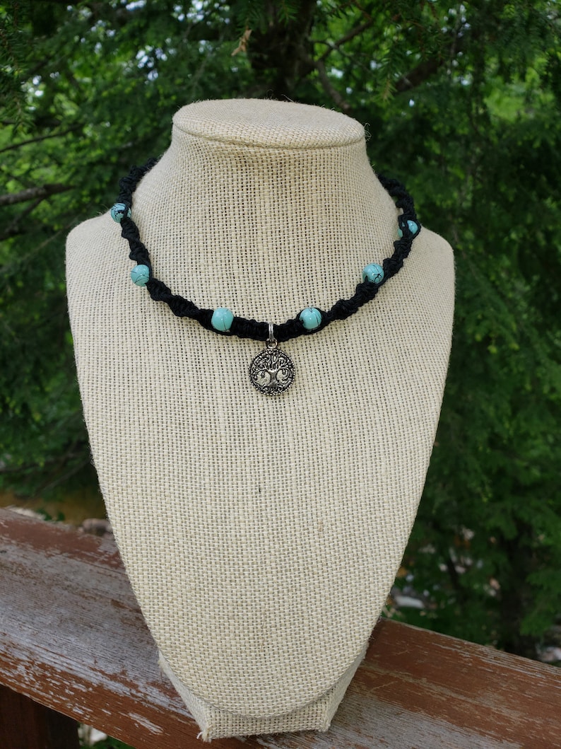 Natural Hemp Cord and Glass Bead Choker Necklace with Tree of Life Pendant Hippie Bohemian Tribal Celtic Style