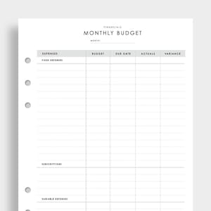 Peut inclure: Un planificateur budgétaire mensuel blanc ligné avec le texte "FINANCIALS MONTHLY BUDGET" en haut. Le planificateur comprend des sections pour les dépenses, le budget, la date d'échéance, les chiffres réels et l'écart. Le planificateur a des trous perforés sur le côté gauche.