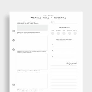 May include: A white Mental Health Journal with black text. The journal includes sections for daily check-ins, emotions, and positive aspects. The top of the journal reads "Health & Fitness" and "Mental Health Journal."