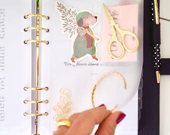 May include: A planner with gold accents, featuring a clear pocket with a dog sticker, gold scissors, and a gold bracelet. The planner also includes a pen and a stack of gold paper clips. The text "Eve, flower blooms" is visible.