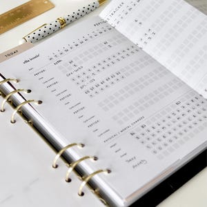 Könnte beinhalten: Ein weißer Planer-Einleger aus Papier mit einem Peptid-Tracker-Layout, das Spalten für Daten, Peptidnamen wie GHK-CU50 und BPC-157, Dosis, Zyklusnummer sowie einen Bereich für körperliche und geistige Veränderungen mit dem Markennamen ella iconic enthält.
