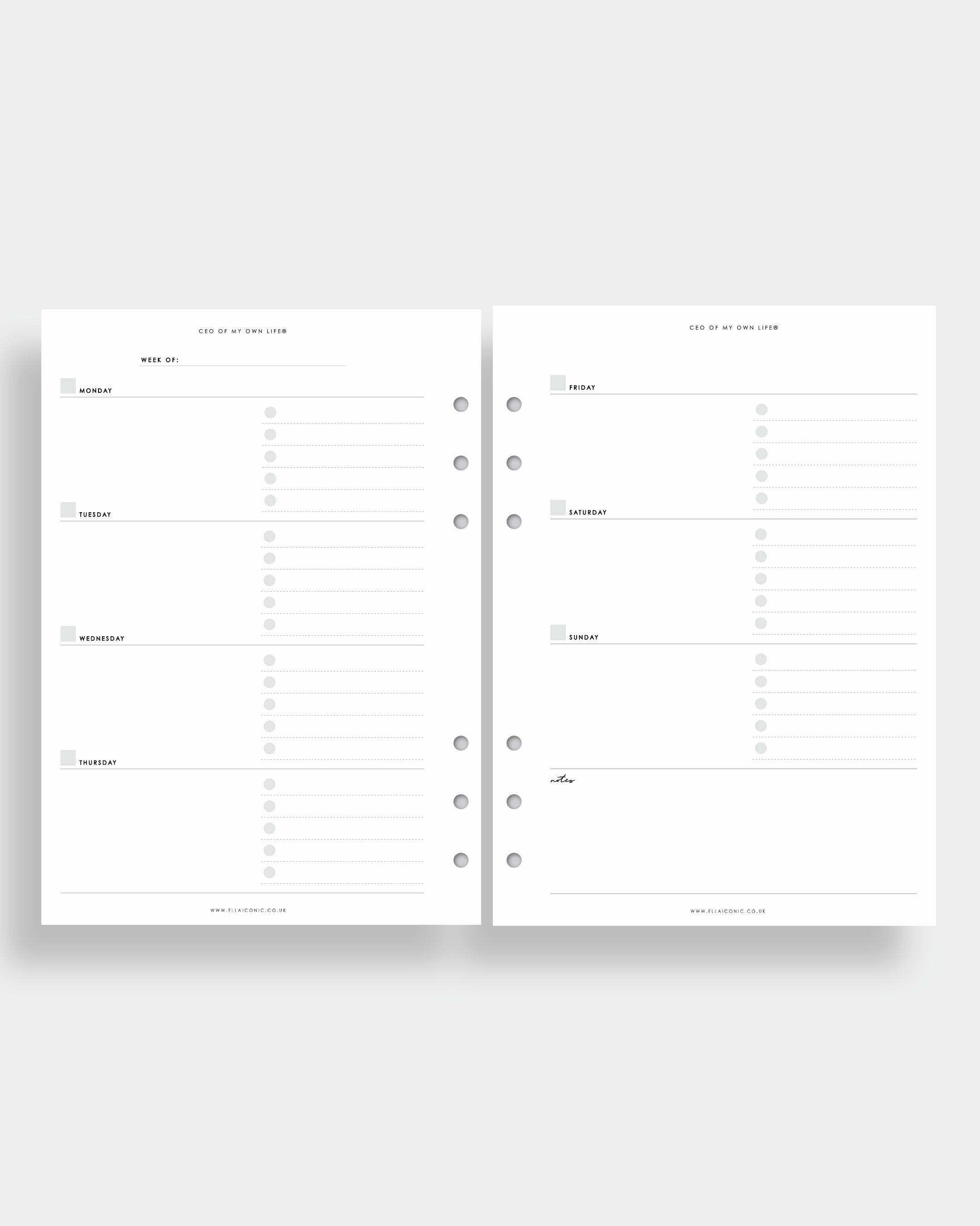 Undated A5 Weekly Planner Inserts | Horizontal Week on Two Pages | for ...