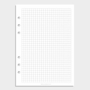 Puede incluir: Una hoja de recambio rectangular blanca para agenda con un patrón de cuadrícula de líneas grises finas. El lado izquierdo tiene seis agujeros circulares perforados para insertar en una carpeta. El texto www.ellaiconic.co.uk aparece en la parte inferior.