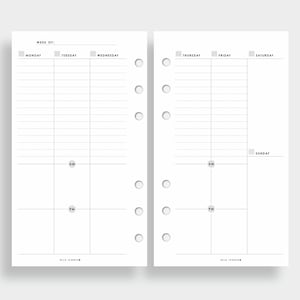 Peut inclure: Insert de planificateur de deux pages sur fond blanc. La page de gauche est intitulée "Semaine de :" et comprend des colonnes pour lundi, mardi et mercredi. La page de droite a des colonnes pour jeudi, vendredi, samedi et dimanche. Chaque page a des sections AM et PM.