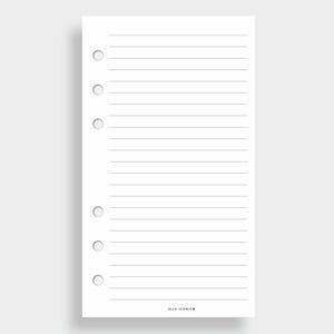 May include: A white lined paper insert for a planner, featuring horizontal gray lines for writing. The paper has six pre-punched holes for binding and the text "ELLA ICONIC" at the bottom. Ideal for organizing notes and lists.