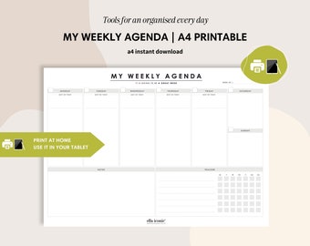 Undated Weekly Planner Agenda | A4 Printable - Weekly To Do List Planner with Habits Tracker, A4 Desk Planner Pad, Weekly Agenda Notepad