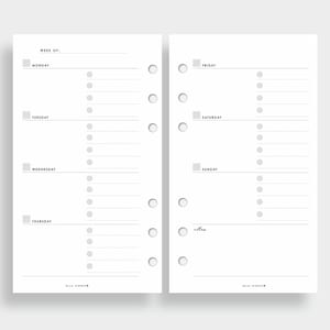 May include: Two-page planner insert with a minimalist design. The left page lists Monday through Thursday, and the right page lists Friday through Sunday. Each day has a section for notes and a series of dots for checklists. The text "WEEK OF:" and "notes" are visible.