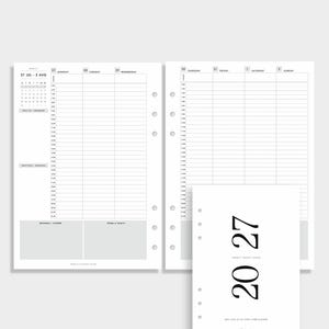 May include: A white planner refill set featuring a weekly layout with hourly slots from Monday to Sunday, including sections for gratitude and goals. A separate cover page displays the text 20 27 TWENTY TWENTY SEVEN ELLA ICONIC.