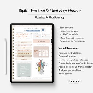 Digital Fitness Planner | Workout Planner, Fitness Journal, Meal Planning, Gym Workout Log, Weight Loss Tracker, 75 Hard, GoodNotes Planner