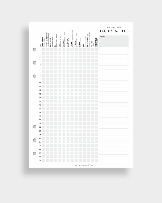 A5 Daily Mood Tracker Planner Inserts | Mental Health | ADHD | Self Care Planner | For A5 6-Ring Binders, Filofax, Large GM LV Agendas