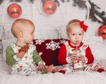 Personalized Christmas Pajamas for Infants, Children, and Families with Elves, Snowman, Reindeer, Santa, Holly, and Candy Canes