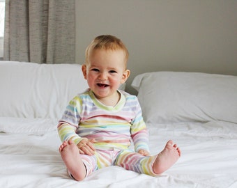 Rainbow Stripe Organic Cotton Knit Pajamas | Valentines Day | Kids Pajamas | Toddler Pajamas | Organic Baby Clothes | Rainbow Baby