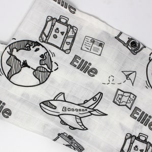 Travel Lover Custom Baby Name Blanket | Travel Theme Nursery | Personalized Baby Swaddle