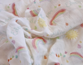 Rainbow Baby Blanket / Personalized Blanket / Custom Baby Blanket / Organic / Swaddle Blanket / New Baby Gift / Baby Shower Gift / Sun