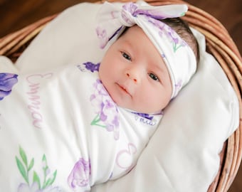 Personalized Baby Blanket / Lavender Floral Blanket / Organic / Receiving Blanket / Swaddle Blanket / Gift for Baby / Baby Girl/Kids Blanket