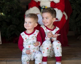 Personalized Christmas Pajamas for Infants, Children, and Families with Elves, Snowman, Reindeer, Santa, Holly, and Candy Canes