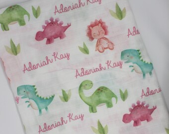 Dinosaur Custom Baby Name Blanket | Pink Girl Dinosaur Blanket