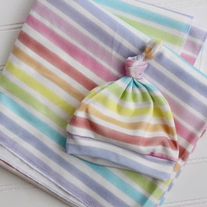 Swaddling Baby Blanket / Rainbow Stripe Blanket / Swaddle Set / Knot Hat / Organic / Gift for Baby / Rainbow Baby / Custom Fabric