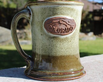 Colorado Mug, Handmade Pottery Ceramic, 12oz Green Apple Mug with Colorado Stamp, Shipping Included in Price
