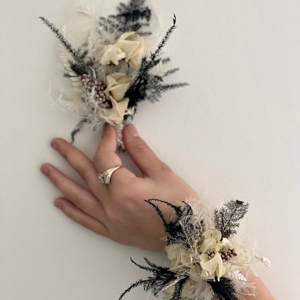 Cream and Black floral boutonniere and corsage set-wedding boutonnieres,Table/plates decor;  dried flowers gift topper