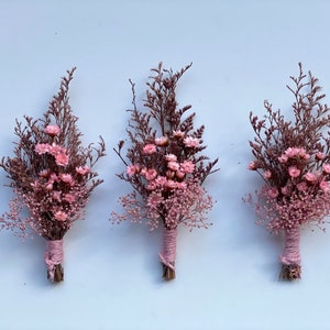 Pink Dried flowers boutonnière, Pink wedding bouquet; wedding boutonniere, pink plate decorations