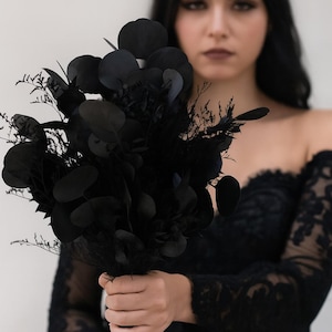 Gothic Black Wedding Bouquet – Medium Size Alternative Bridal Bouquet with Black Eucalyptus and Foliage