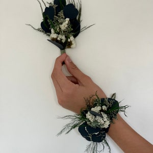 Dried flowers boutonnière and wrist corsage set-Eucalyptus boutonniere-prom Greenery corsage