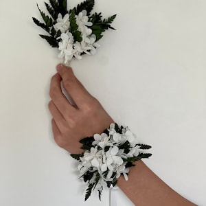 Forest-Inspired White Floral Prom Boutonniere and Wrist Corsage Set- woodland wedding