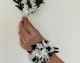 Forest-Inspired White Floral Prom Boutonniere and Wrist Corsage Set- woodland wedding