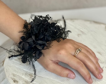 Black Wrist corsage-Black wedding-Black Dried flowers