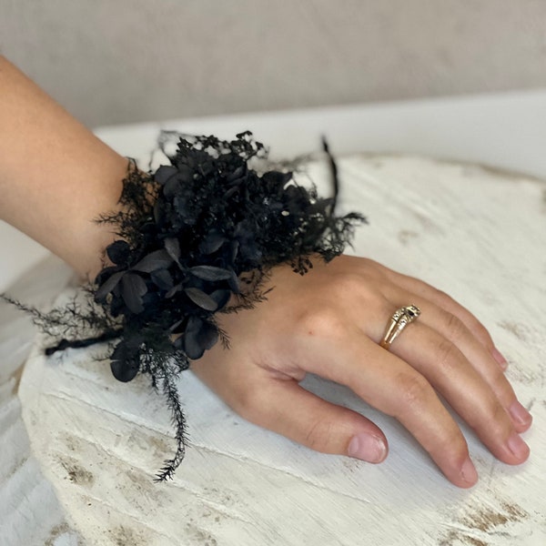 Black Wrist corsage-Black wedding-Black Dried flowers