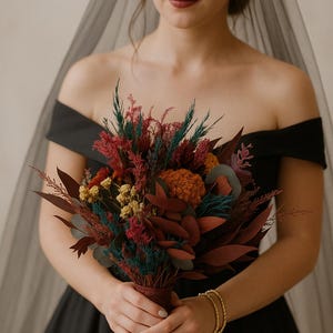 Bridal Bouquet - Preserved and Dried Flowers Bouquet - Dried Flower Bridal Bouquet & Boutonniere Set – Autumn Jewel Tones