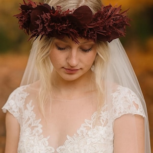 Burgundy Dried Flower Crown with Eucalyptus & Caspia – Boho Wedding Headpiece