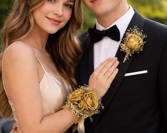 Conjunto de ramillete y prendedor de rosas preservadas doradas, flores de boda y graduación en oro metálico.