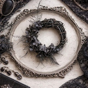 Mini Black Floral Wreath – Preserved Hydrangea, Gothic Home Decor