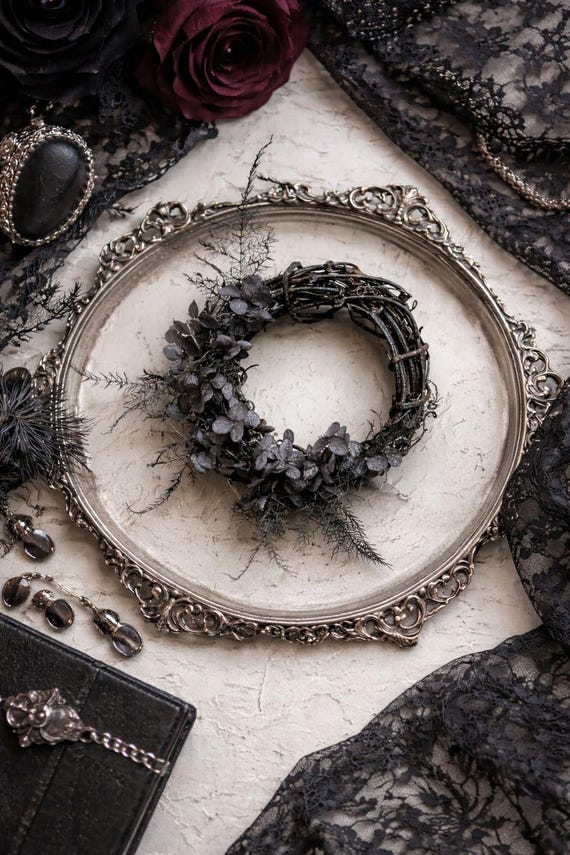 Mini Black Floral Wreath – Preserved Hydrangea, Gothic Home Decor