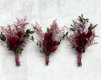 Dried Burgundy Flower Boutonniere: Caspia & Eucalyptus Wedding Favors