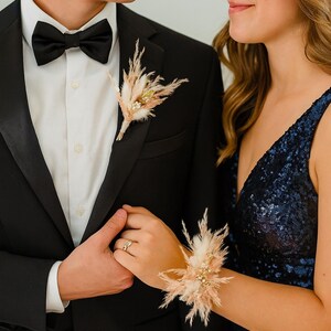 White and Peach wrist corsage and boutonnière -Prom corsage-Pampas grass corsage